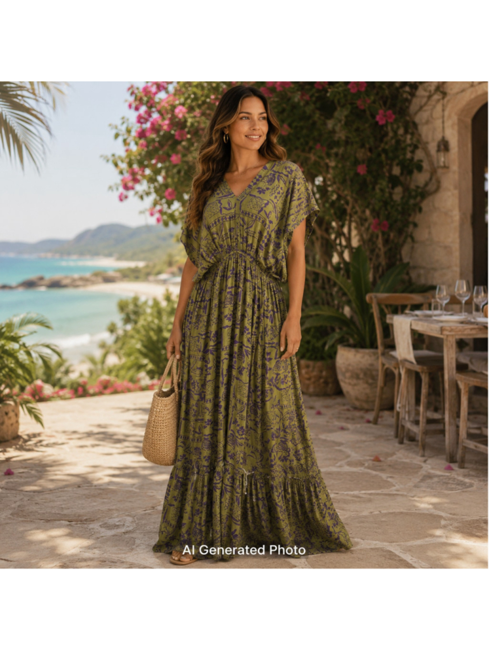 Easel Tribal Print Maxi Dress Medium Green Purple NWT Boho Tiered Resort Travel